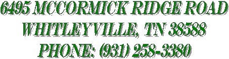 6495 McCormick Ridge Rd.
Whitleyville, TN 38588
Phone: (931) 258-3380

